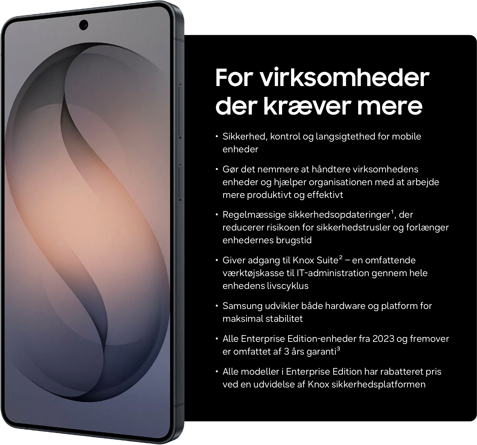 Samsung-telefon med tekst om virksomhedsløsninger: sikkerhed, kontrol og administration.
